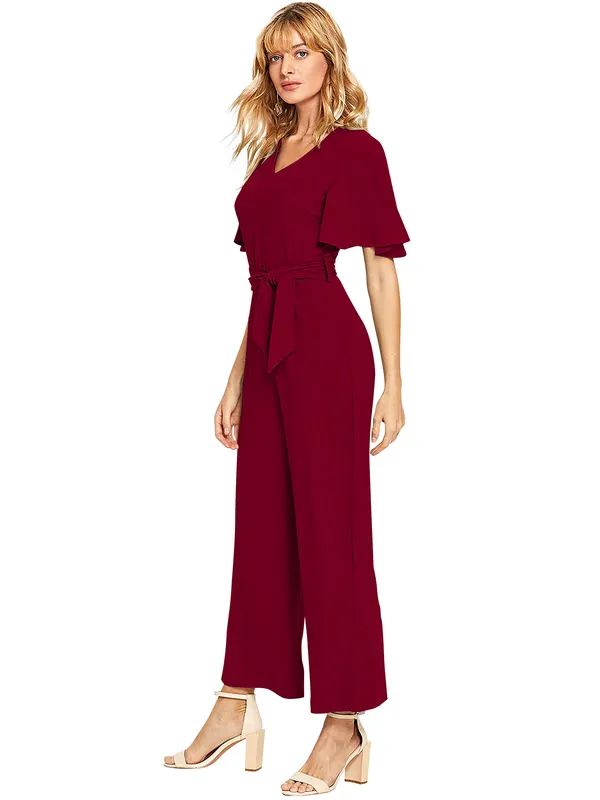 Maroon_Stylish_and_____Trendy_Women's_Jumpsuit_in_Poly__Cotton_Blend_Cape_Sleeve
