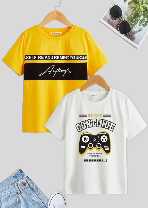 White_&_Yellow_Pure_Cotton_Regular_Fit_Printed_T-Shirt_For_Boys