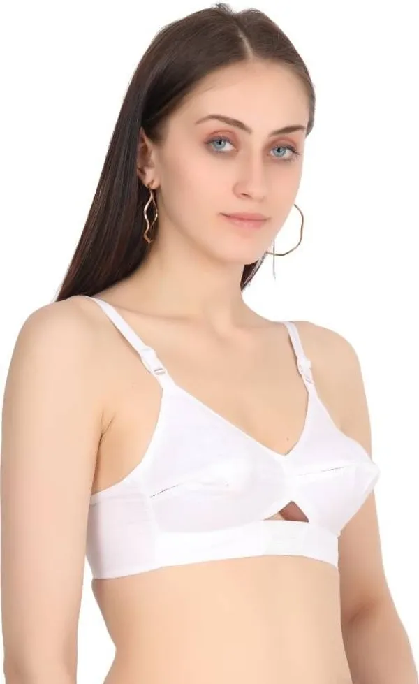 White_Cotton_Blend_Non-Padded_Wirefree_Solid_Seamed_Bra