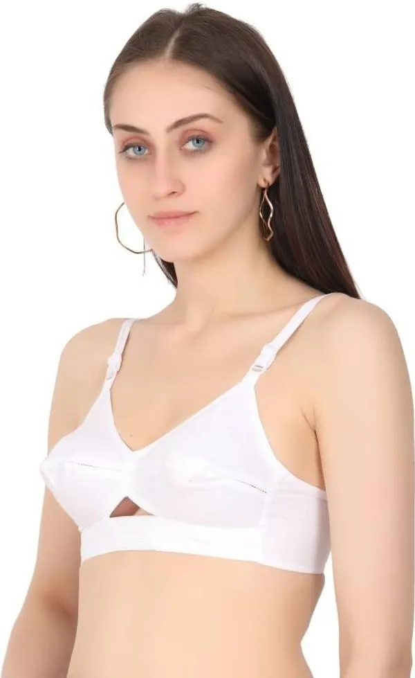 White_Cotton_Blend_Non-Padded_Wirefree_Solid_Seamed_Bra