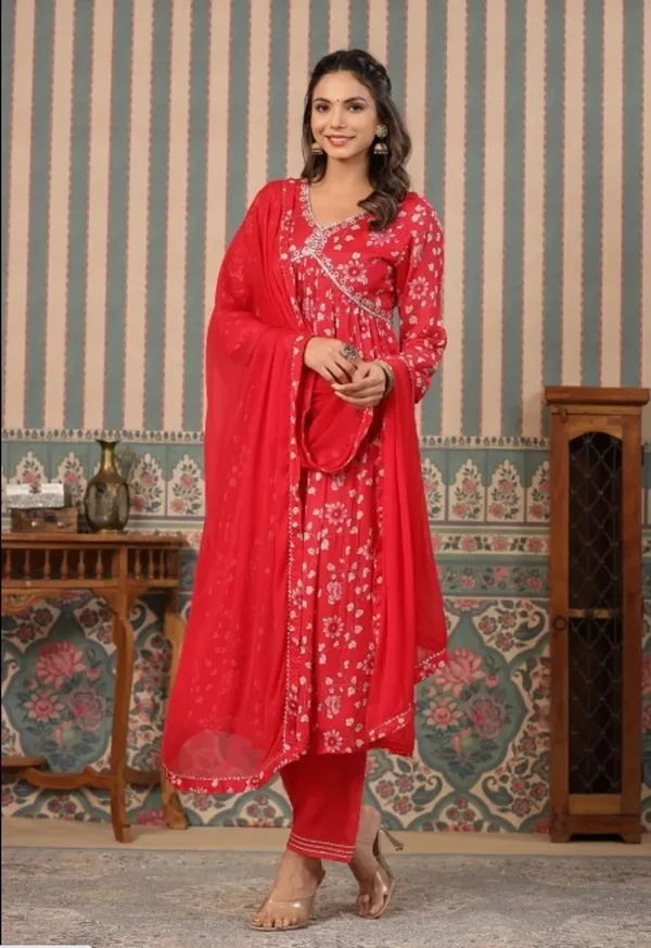 Red_Viscose_Rayon_Round_Neck_Kurta_Set_For_Women