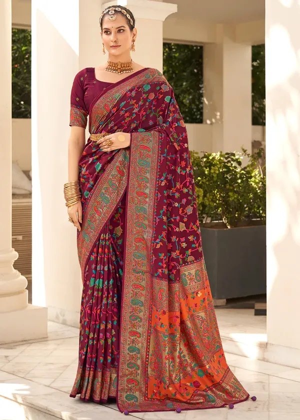 Maroon_Chanderi_Silk_Floral_Print_Party_Wear_Saree_WIth_Unstiched_Blouse