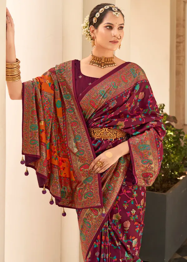 Maroon_Chanderi_Silk_Floral_Print_Party_Wear_Saree_WIth_Unstiched_Blouse