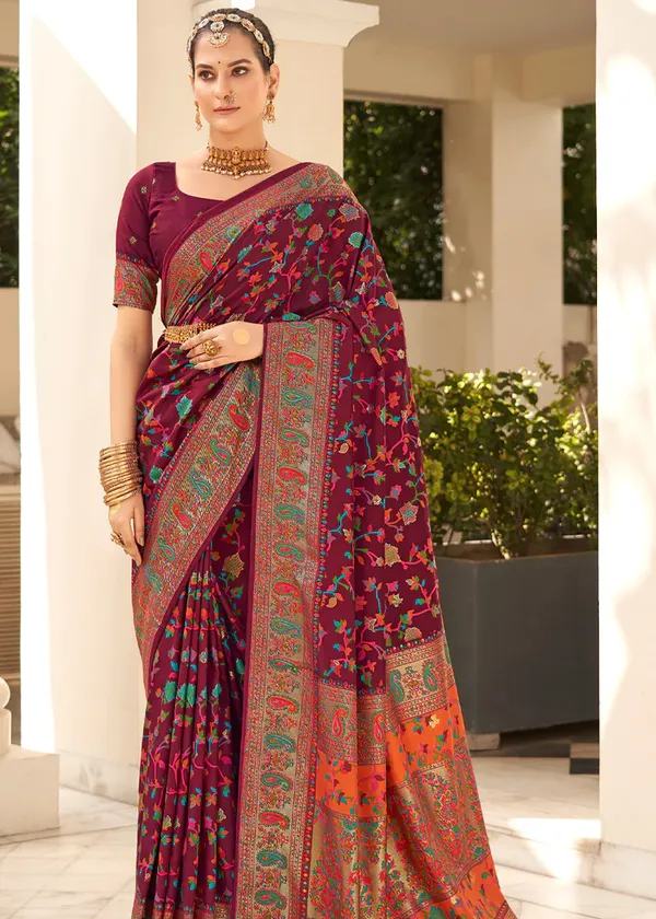 Maroon_Chanderi_Silk_Floral_Print_Party_Wear_Saree_WIth_Unstiched_Blouse