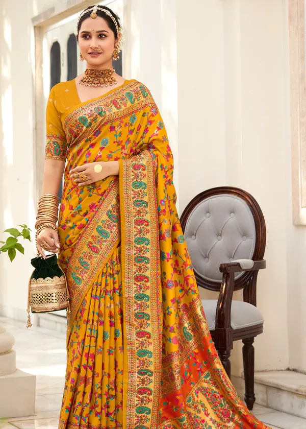 Yellow_Chanderi_Silk_Floral_Print_Party_Wear_Saree_WIth_Unstiched_Blouse