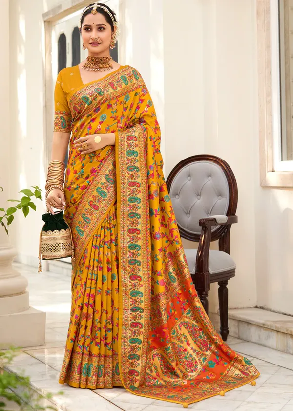 Yellow_Chanderi_Silk_Floral_Print_Party_Wear_Saree_WIth_Unstiched_Blouse