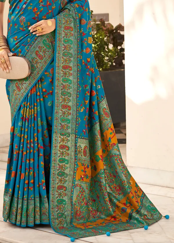 Blue_Chanderi_Silk_Floral_Print_Party_Wear_Saree_WIth_Unstiched_Blouse