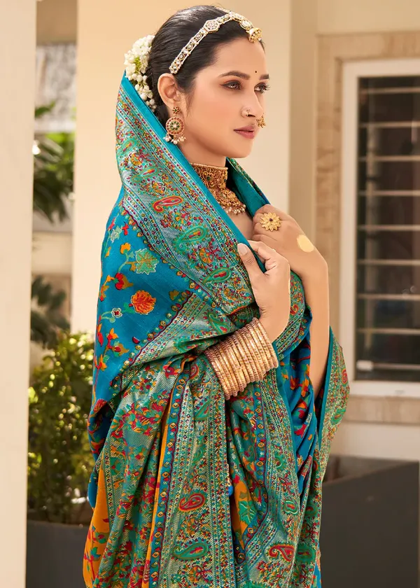 Blue_Chanderi_Silk_Floral_Print_Party_Wear_Saree_WIth_Unstiched_Blouse