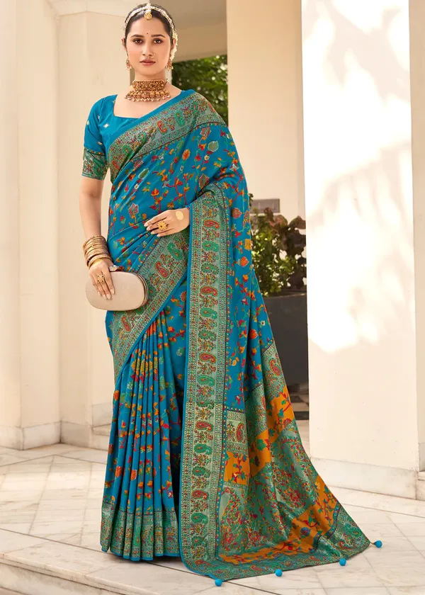 Blue_Chanderi_Silk_Floral_Print_Party_Wear_Saree_WIth_Unstiched_Blouse