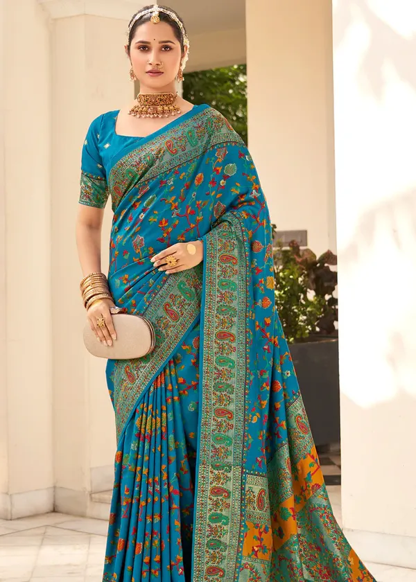 Blue_Chanderi_Silk_Floral_Print_Party_Wear_Saree_WIth_Unstiched_Blouse