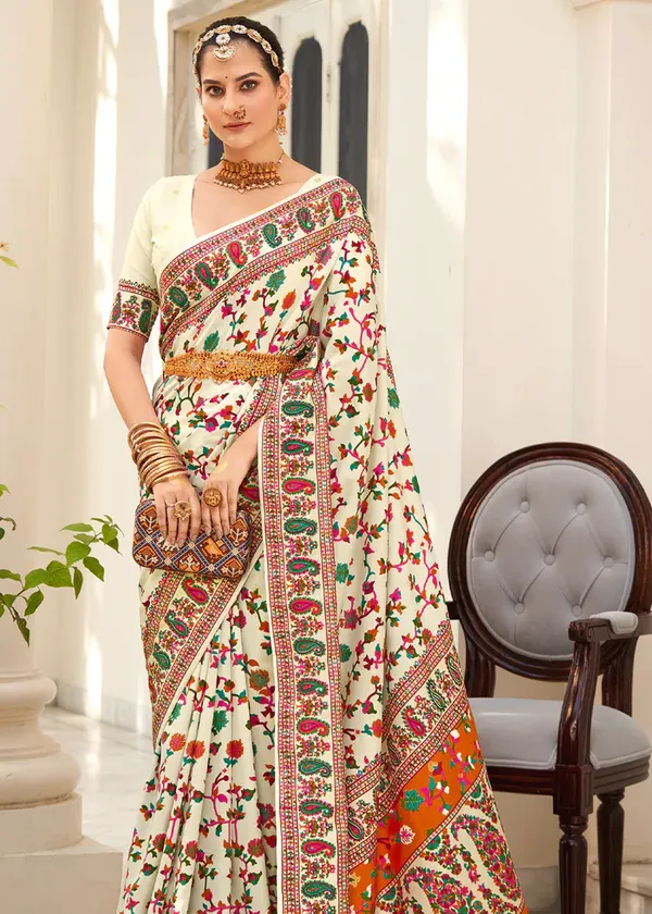 White_Chanderi_Silk_Floral_Print_Party_Wear_Saree_WIth_Unstiched_Blouse