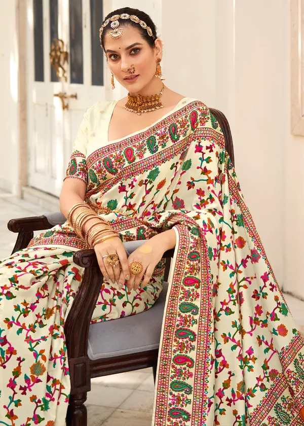 White_Chanderi_Silk_Floral_Print_Party_Wear_Saree_WIth_Unstiched_Blouse