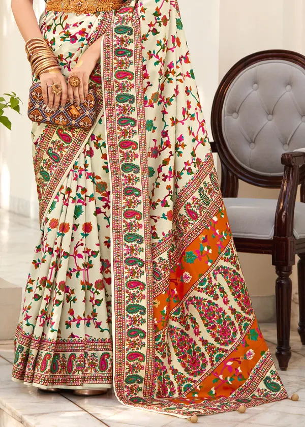 White_Chanderi_Silk_Floral_Print_Party_Wear_Saree_WIth_Unstiched_Blouse