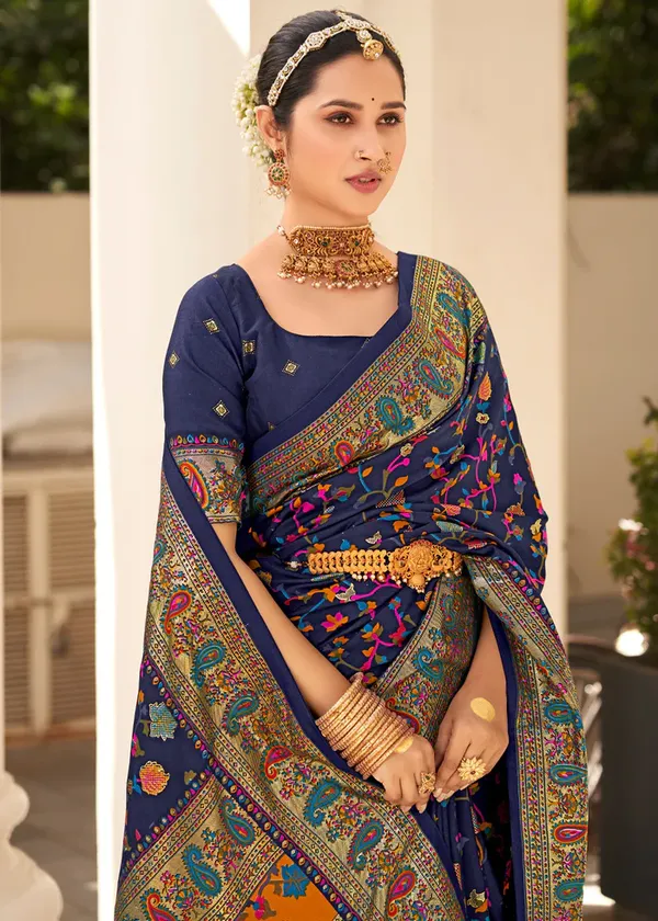 Blue_Chanderi_Silk_Floral_Print_Party_Wear_Saree_WIth_Unstiched_Blouse