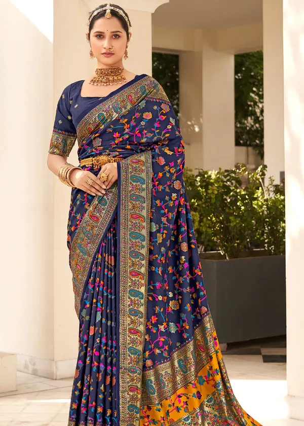 Blue_Chanderi_Silk_Floral_Print_Party_Wear_Saree_WIth_Unstiched_Blouse