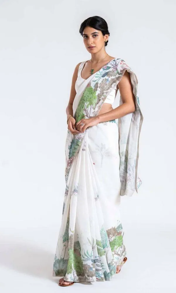 White_Linen_Digital_Printed_Festive_Or_Wedding_Wear_Saree