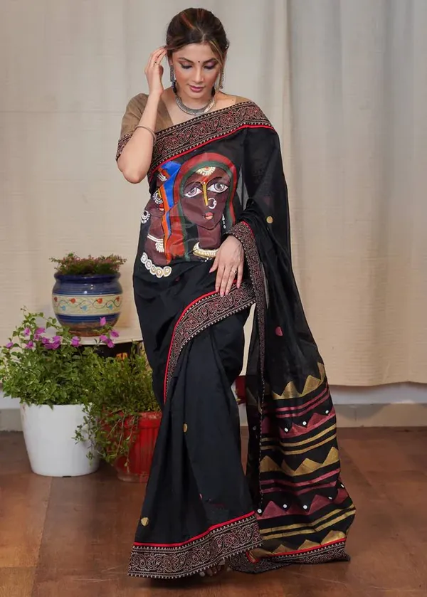 Black_Color_Linen_Printed_Festive_Or_Wedding_Wear_Saree