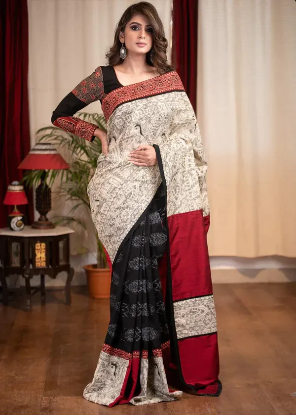 White_&_Black_Colour__Madhubani_Printed_Festive_Or_Wedding_Wear_Saree