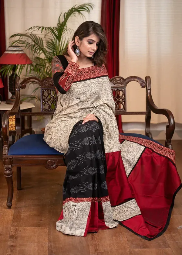 White_&_Black_Colour__Madhubani_Printed_Festive_Or_Wedding_Wear_Saree