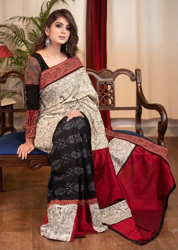 White_&_Black_Colour__Madhubani_Printed_Festive_Or_Wedding_Wear_Saree