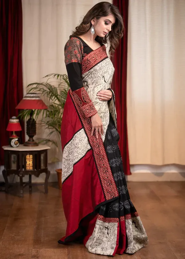 White_&_Black_Colour__Madhubani_Printed_Festive_Or_Wedding_Wear_Saree