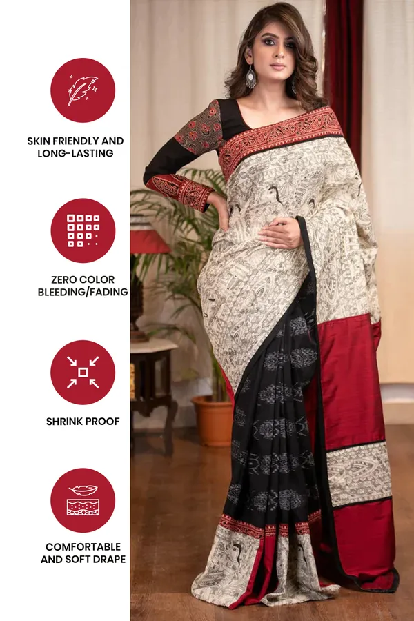 White_&_Black_Colour__Madhubani_Printed_Festive_Or_Wedding_Wear_Saree