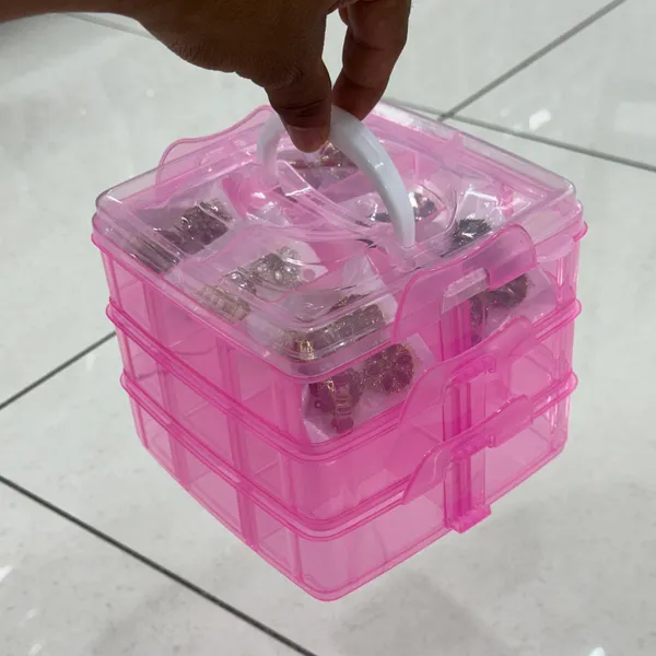3_Layer_18_Grid_Square_Portable_Transparent_Storage_Detachable_Box_Organizer_Case_for_Jewelry_Sewing_Button_Earrings_etc._(Pink)