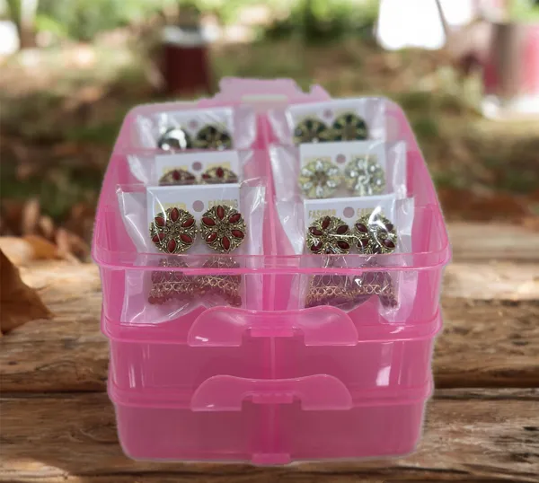 3_Layer_18_Grid_Square_Portable_Transparent_Storage_Detachable_Box_Organizer_Case_for_Jewelry_Sewing_Button_Earrings_etc._(Pink)