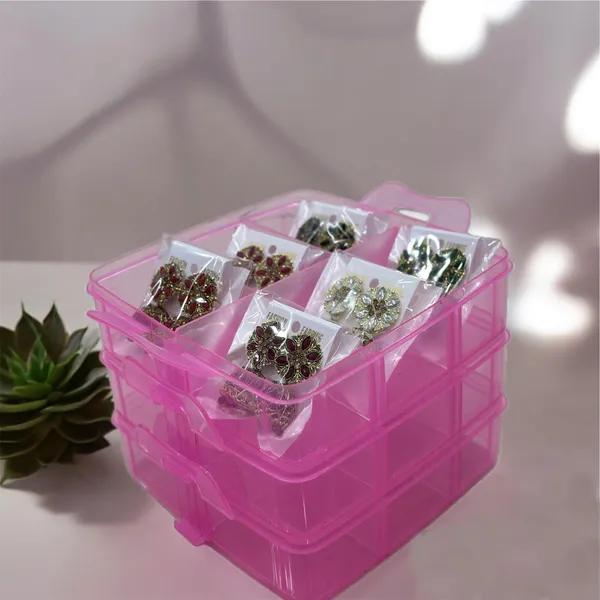 3_Layer_18_Grid_Square_Portable_Transparent_Storage_Detachable_Box_Organizer_Case_for_Jewelry_Sewing_Button_Earrings_etc._(Pink)