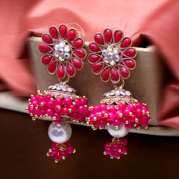 Multicolor_Pearl_Attached_Jhumka_Earrings_For_Girls_And_Women.(Pink)