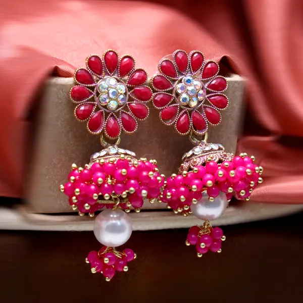 Multicolor_Pearl_Attached_Jhumka_Earrings_For_Girls_And_Women.(Pink)