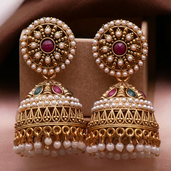 Gold_Pearl_Embedded_Oxidized_Jhumka_Earrings_For_Girls