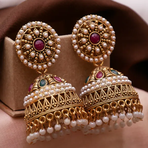 Gold_Pearl_Embedded_Oxidized_Jhumka_Earrings_For_Girls