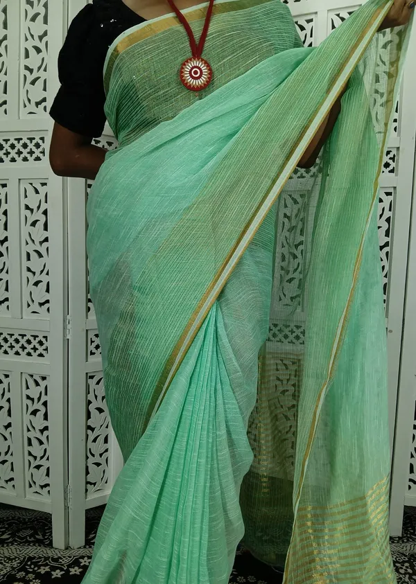 Green_Linen_Jamdani_Handloom_Saree_For_Women