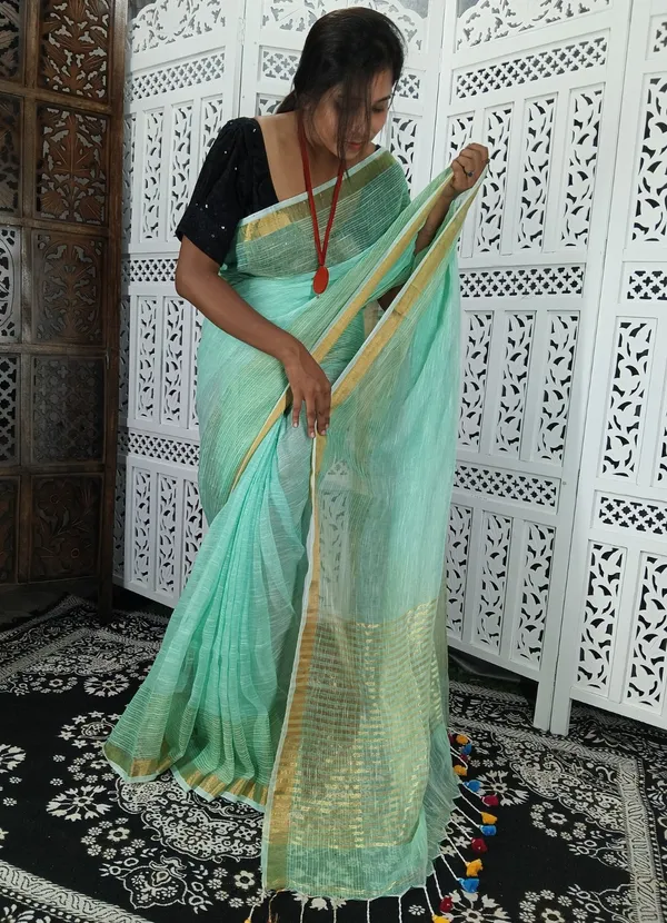 Green_Linen_Jamdani_Handloom_Saree_For_Women