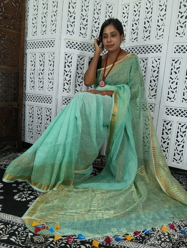 Green_Linen_Jamdani_Handloom_Saree_For_Women