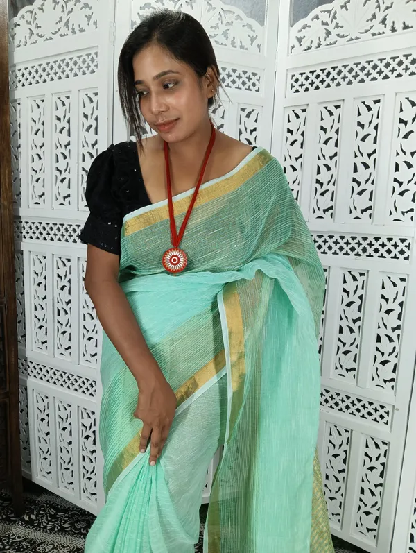 Green_Linen_Jamdani_Handloom_Saree_For_Women