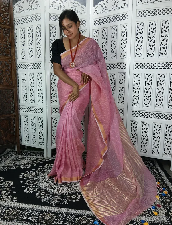 Pink_Linen_Jamdani_Handloom_Saree_For_Women