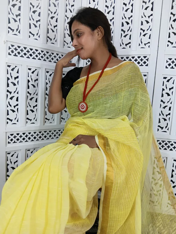 Yellow_Linen_Jamdani_Handloom_Saree_For_Women
