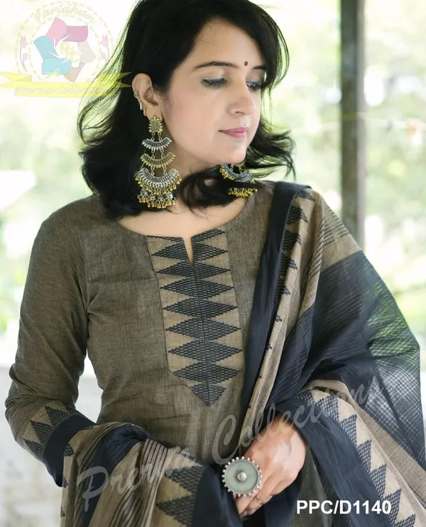 BLACK_&_BROUN_SOUTH_COTTON_KURTA_&_PANT_WITH_DUPATTA_SET.