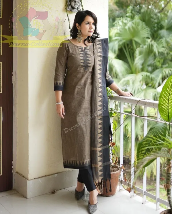 BLACK_&_BROUN_SOUTH_COTTON_KURTA_&_PANT_WITH_DUPATTA_SET.