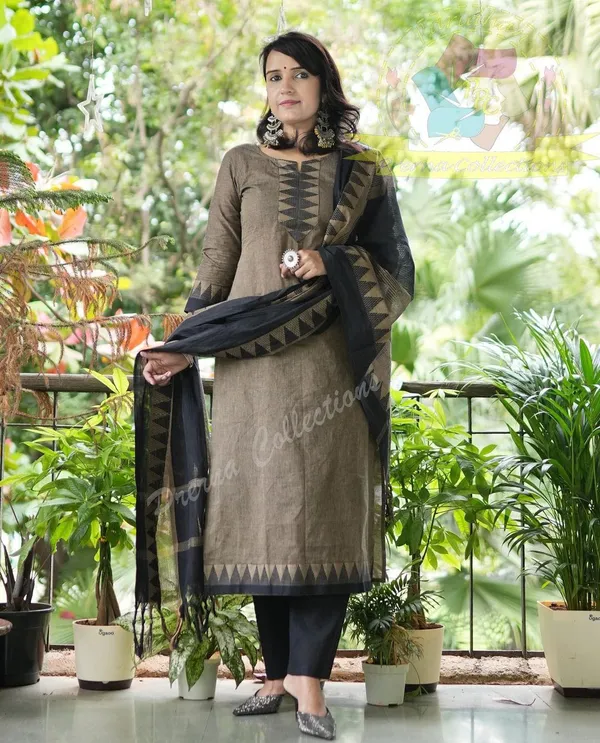BLACK_&_BROUN_SOUTH_COTTON_KURTA_&_PANT_WITH_DUPATTA_SET.