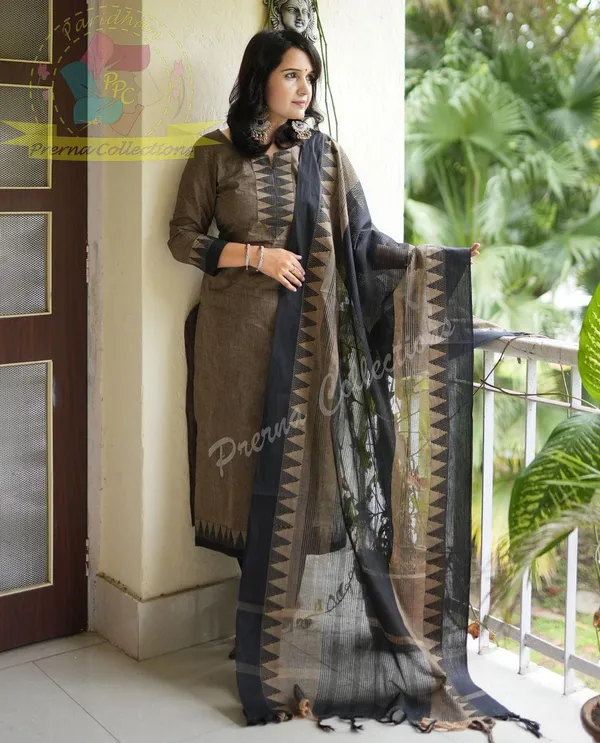 BLACK_&_BROUN_SOUTH_COTTON_KURTA_&_PANT_WITH_DUPATTA_SET.
