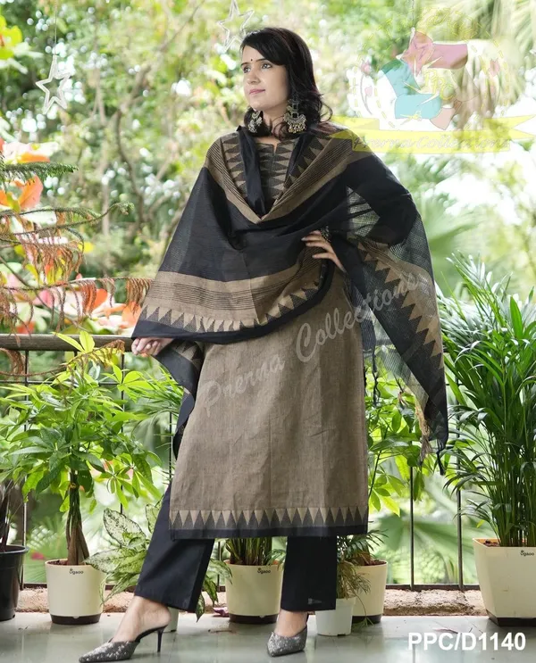 BLACK_&_BROUN_SOUTH_COTTON_KURTA_&_PANT_WITH_DUPATTA_SET.