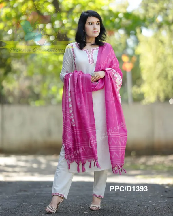HANDLOOM_COTTAN_EMBROIDERED_KURTA_WITH_PANT_&_KHADI_SILK_DUPATTA_SET.