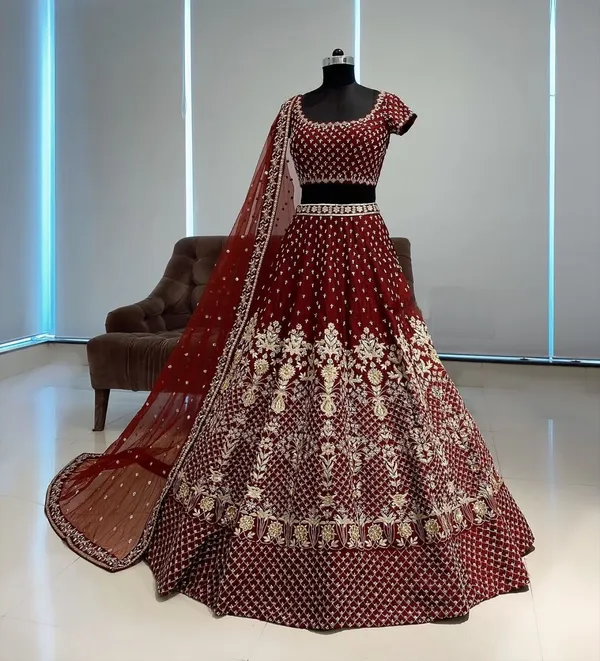 Dark_Maroon_Heavy_Faux_Georgette_Lehenga_Choli__(_Semi_Stiched_)