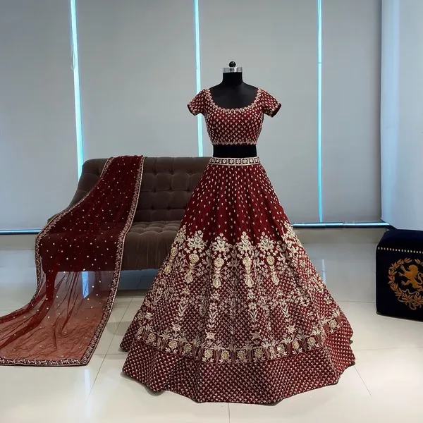 Dark_Maroon_Heavy_Faux_Georgette_Lehenga_Choli__(_Semi_Stiched_)