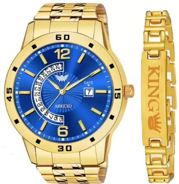 Abrexo Blue Dial Date Functioning Gold Chain Wrist Watch with Designer  Golden King Bracelet Combo for Men Price in India Buy Abrexo Blue Dial  Date