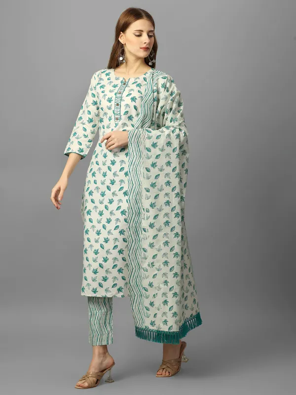White_Pure_Cotton_Solid_Kurta_Pant_Dupatta_Set