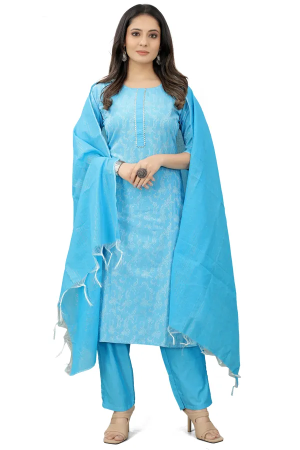 Light_Blue_Cotton_Woven_Kurta_Pant_Dupatta_Set